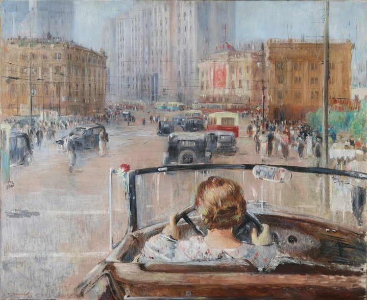 soviet art, painting, moscow, woman, driving